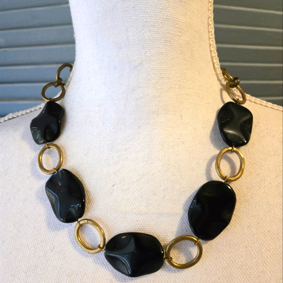 Mb Sf Marjorie Baer Modernist Black Glass Necklace Brutalist Brass Tone Links